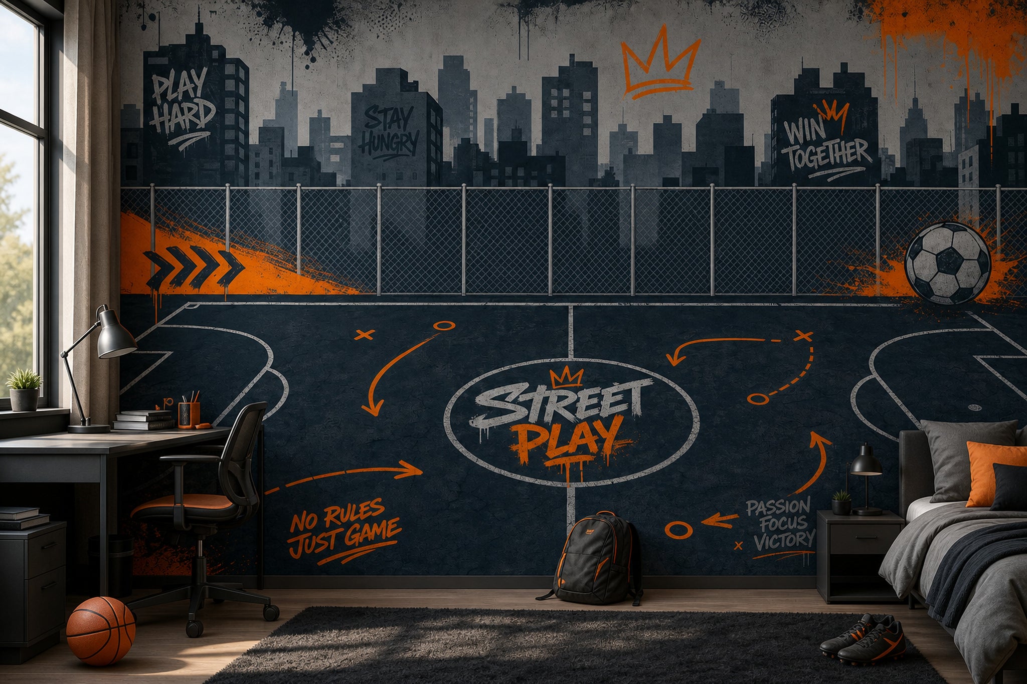 Street Sports Court Wallpaper City Skyline Removable Graffiti Typography Wall Decor