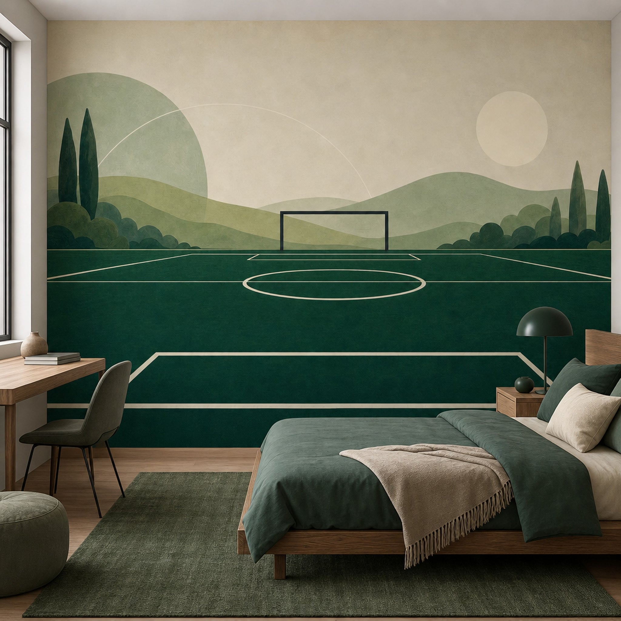 Muted Green Wallpaper Soccer Field Landscape Removable Wall Decor