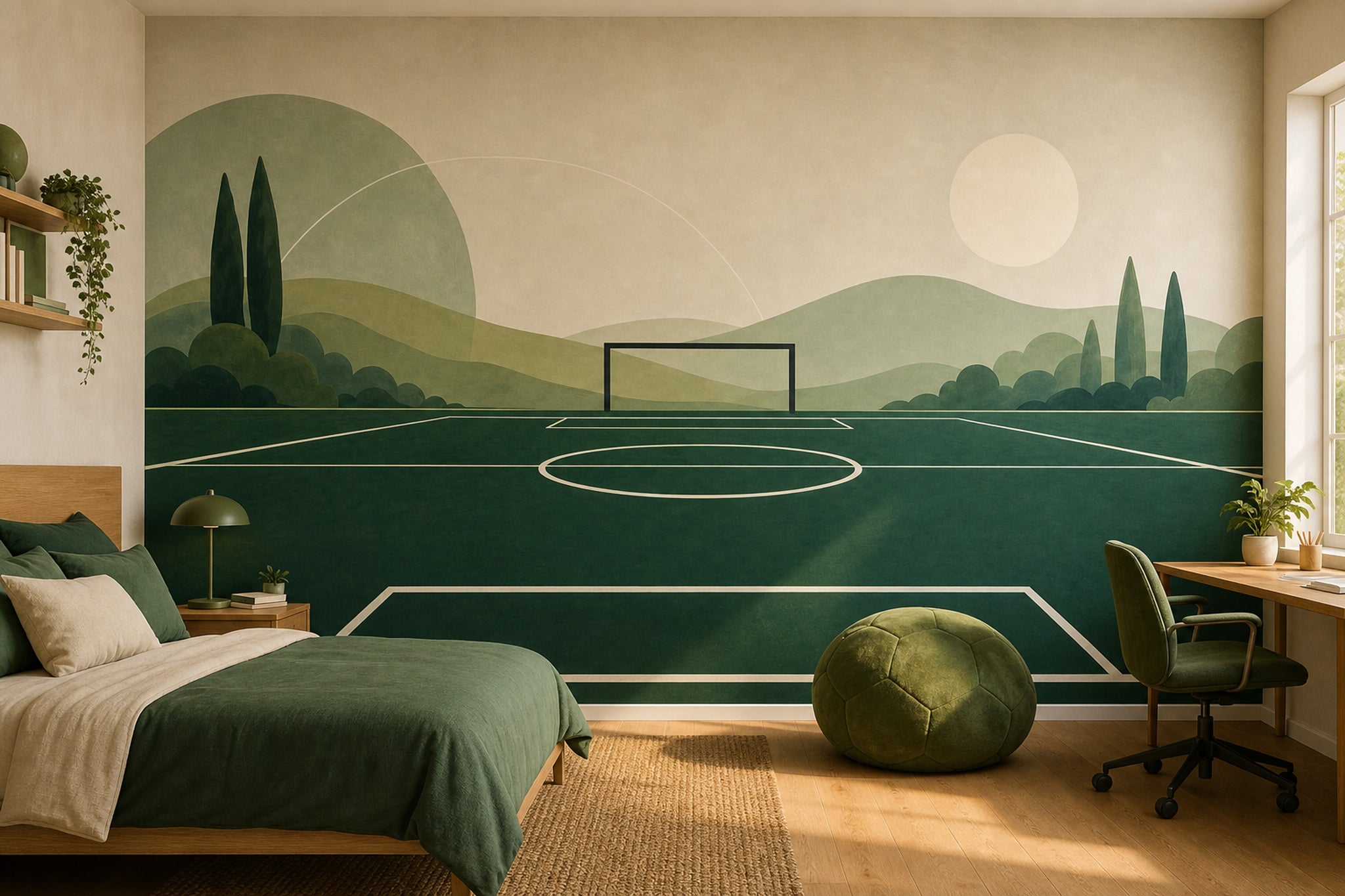 Muted Green Wallpaper Soccer Field Landscape Removable Wall Decor