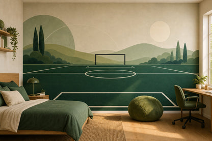 Muted Green Wallpaper Soccer Field Landscape Removable Wall Decor