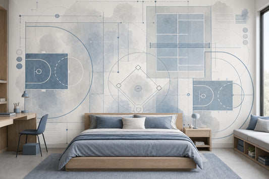 Blueprint Wallpaper Sports Court Removable Watercolor Wash Wall Decor