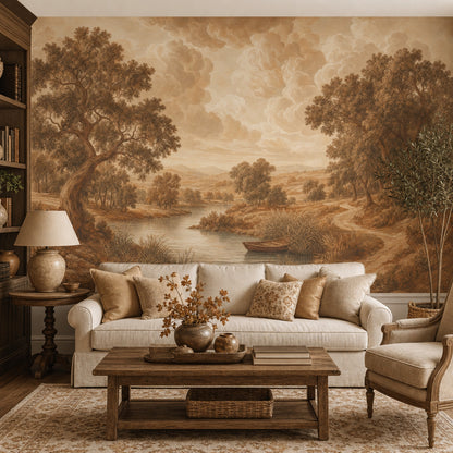 Sepia Landscape Wallpaper Pastoral Countryside River And Reeds Wall Mural