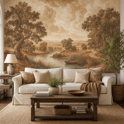 Sepia Landscape Wallpaper Pastoral Countryside River And Reeds Wall Mural