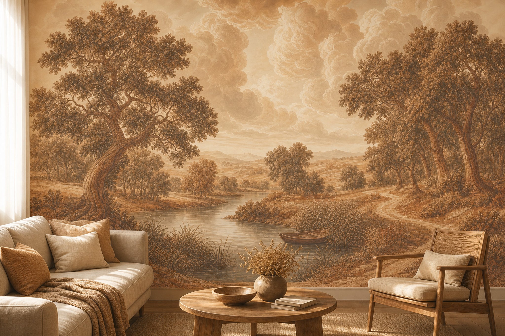 Sepia Landscape Wallpaper Pastoral Countryside River And Reeds Wall Mural
