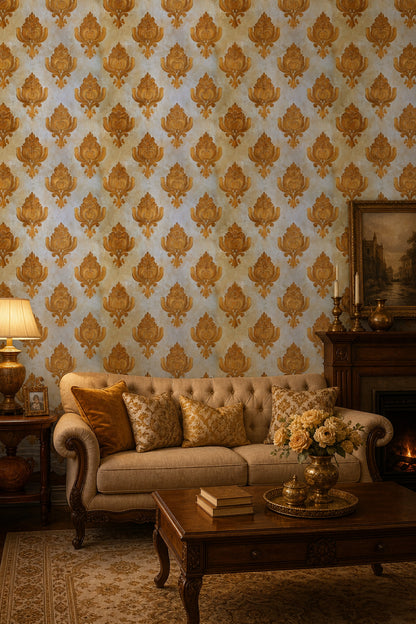 Gold Damask Wallpaper Ornate Floral Medallion Removable Traditional Classic Wall Double Roll