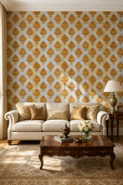 Gold Damask Wallpaper Ornate Floral Medallion Removable Traditional Classic Wall Double Roll