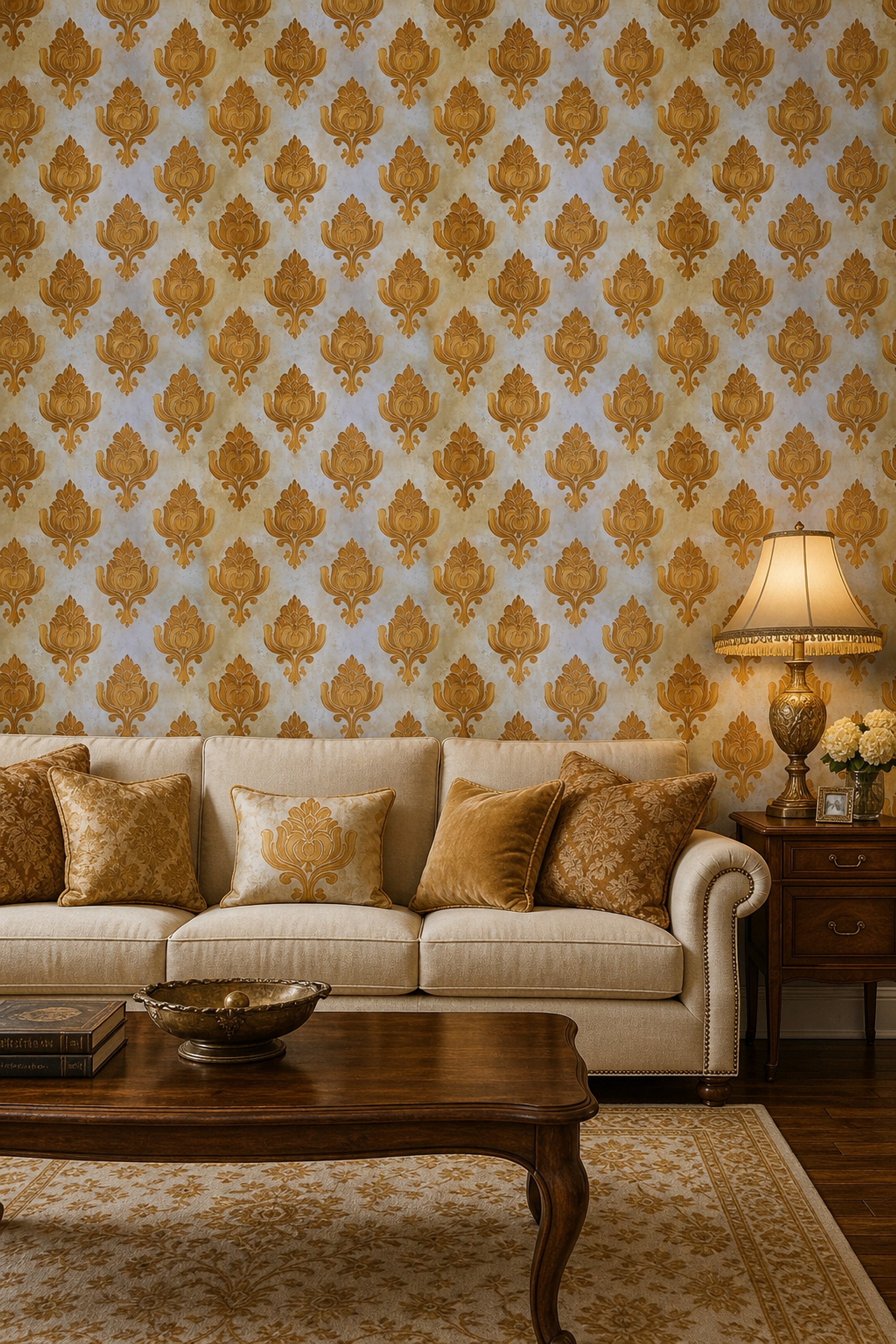 Gold Damask Wallpaper Ornate Floral Medallion Removable Traditional Classic Wall Double Roll
