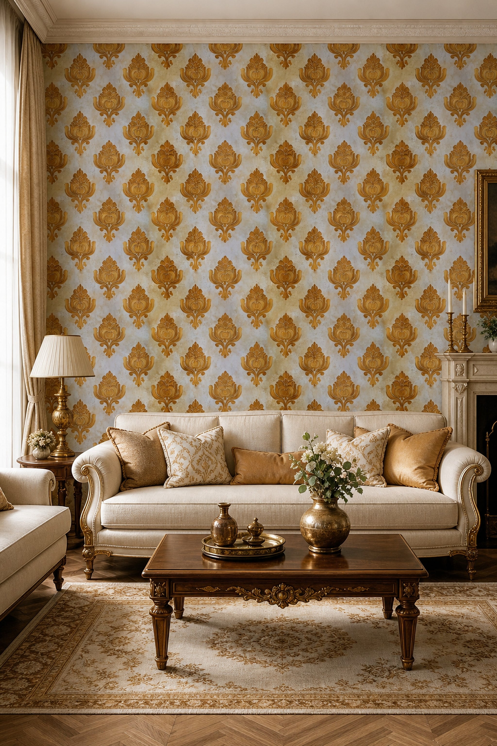 Gold Damask Wallpaper Ornate Floral Medallion Removable Traditional Classic Wall Double Roll