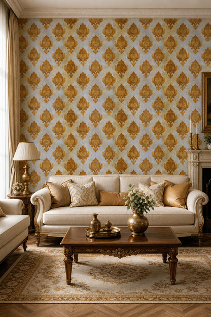 Gold Damask Wallpaper Ornate Floral Medallion Removable Traditional Classic Wall Double Roll