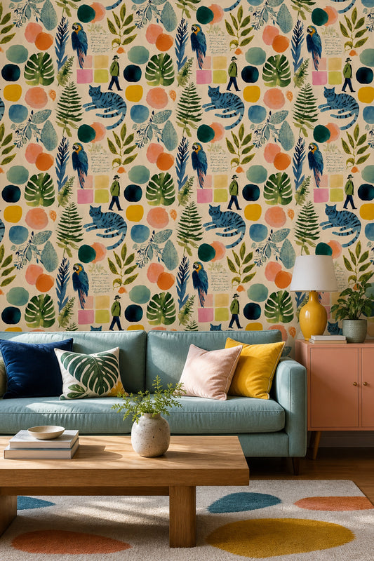 Parrot Macaw Wallpaper Botanical Leaves Removable Eclectic Collage Wall Double Roll