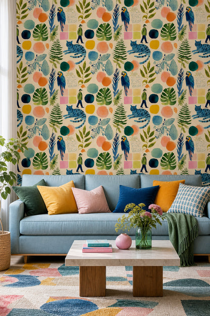 Parrot Macaw Wallpaper Botanical Leaves Removable Eclectic Collage Wall Double Roll