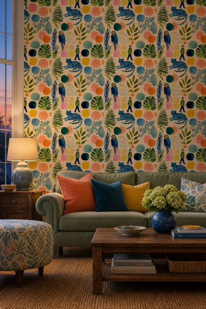 Parrot Macaw Wallpaper Botanical Leaves Removable Eclectic Collage Wall Double Roll