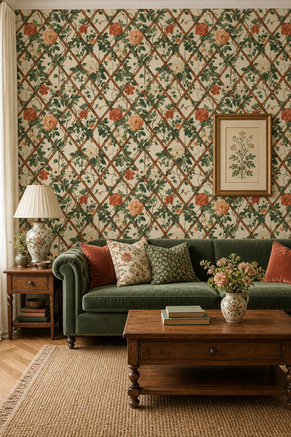 Floral Trellis Wallpaper Botanical Vines Traditional Wallpaper Decorative Mural