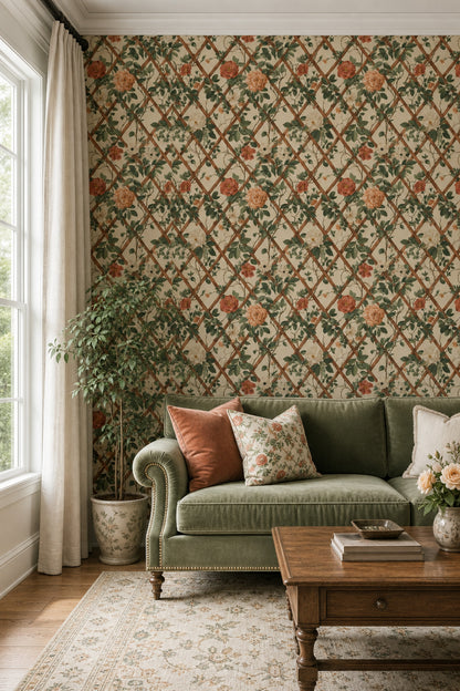 Floral Trellis Wallpaper Botanical Vines Traditional Wallpaper Decorative Mural