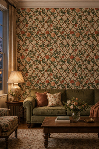 Floral Trellis Wallpaper Botanical Vines Traditional Wallpaper Decorative Mural