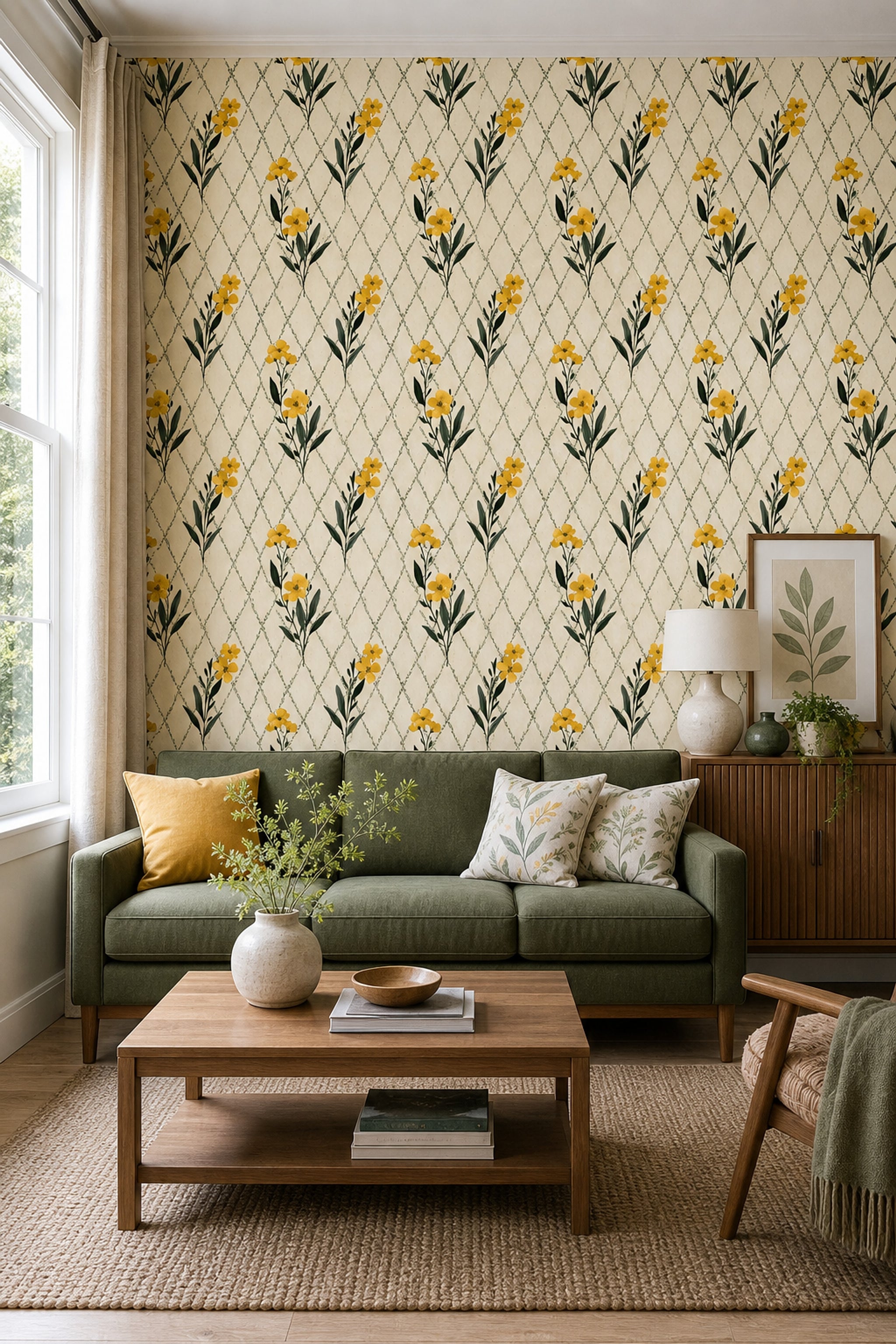 Muted Green Wallpaper Botanical Removable Trellis Wall Double Roll