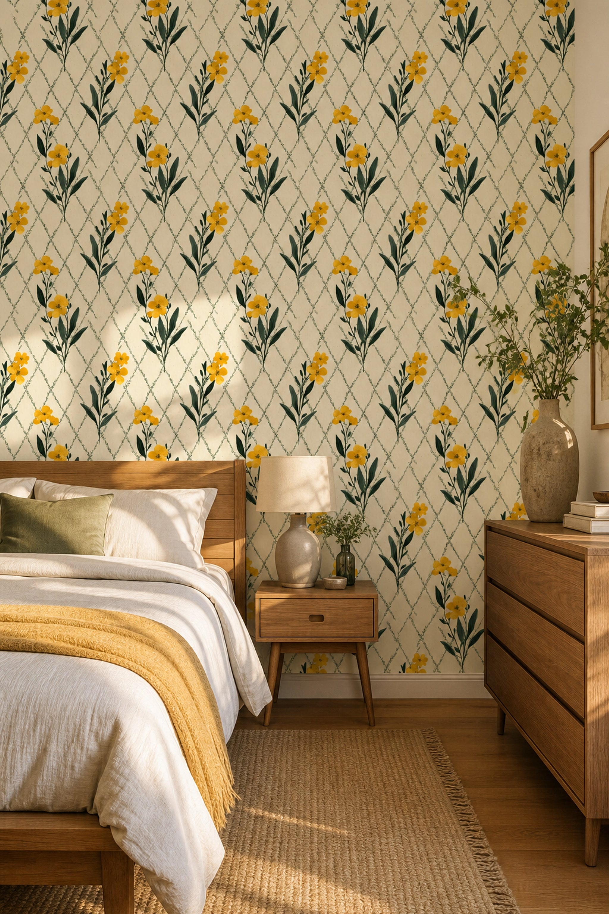 Muted Green Wallpaper Botanical Removable Trellis Wall Double Roll