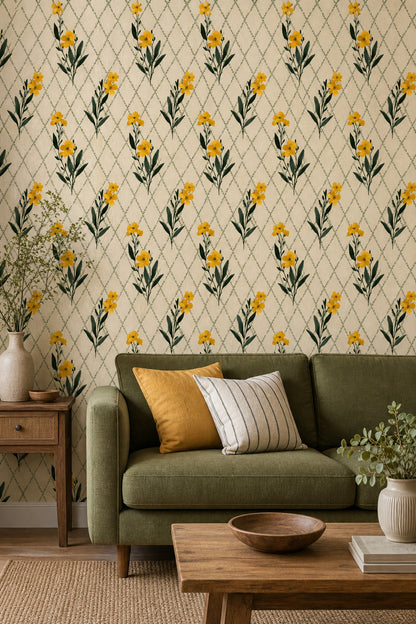 Muted Green Wallpaper Botanical Removable Trellis Wall Double Roll
