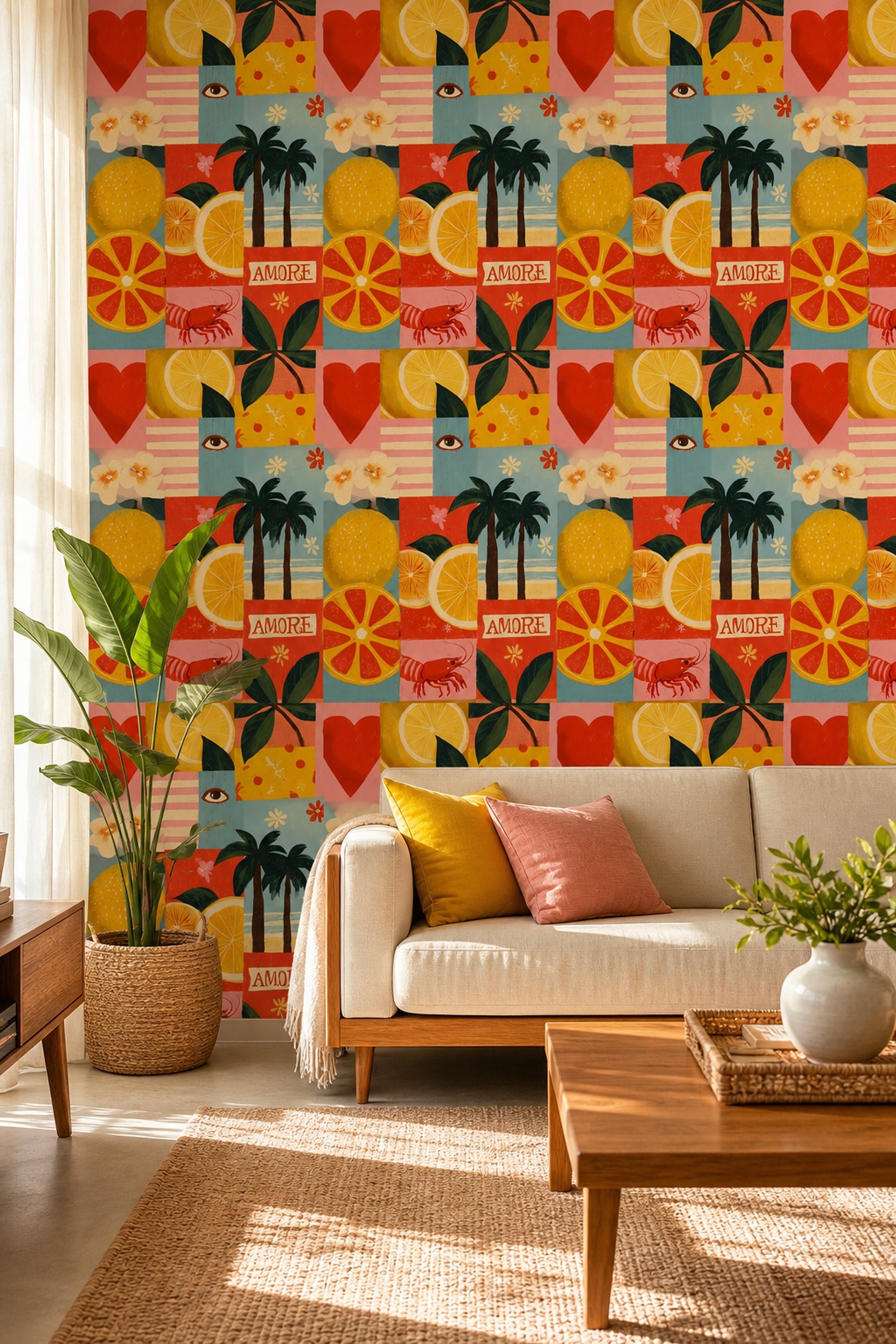 Abstract Collage Wallpaper Citrus Fruit Removable Palm Trees Wall Double Roll