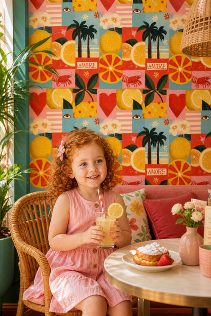 Abstract Collage Wallpaper Citrus Fruit Removable Palm Trees Wall Double Roll