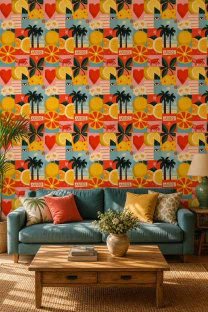 Abstract Collage Wallpaper Citrus Fruit Removable Palm Trees Wall Double Roll