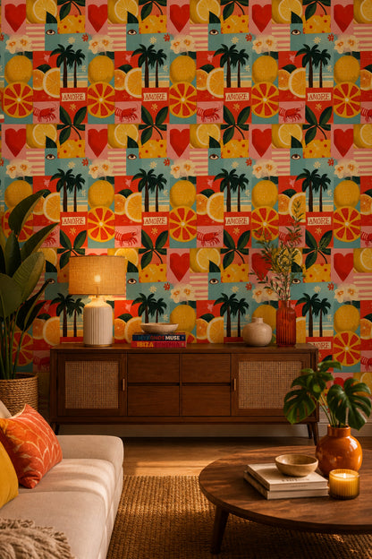 Abstract Collage Wallpaper Citrus Fruit Removable Palm Trees Wall Double Roll