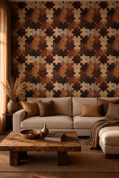 Wooden Jigsaw Puzzle Wallpaper Geometric Shapes Wood Grain Texture Removable Wall Decor