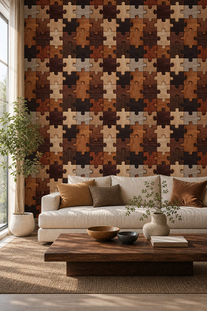 Wooden Jigsaw Puzzle Wallpaper Geometric Shapes Wood Grain Texture Removable Wall Decor