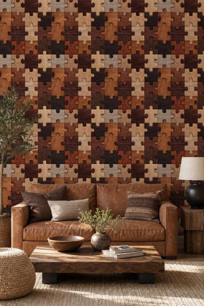 Wooden Jigsaw Puzzle Wallpaper Geometric Shapes Wood Grain Texture Removable Wall Decor