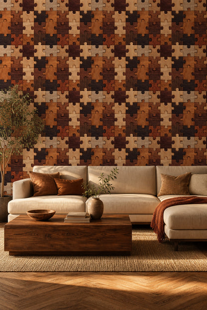 Wooden Jigsaw Puzzle Wallpaper Geometric Shapes Wood Grain Texture Removable Wall Decor