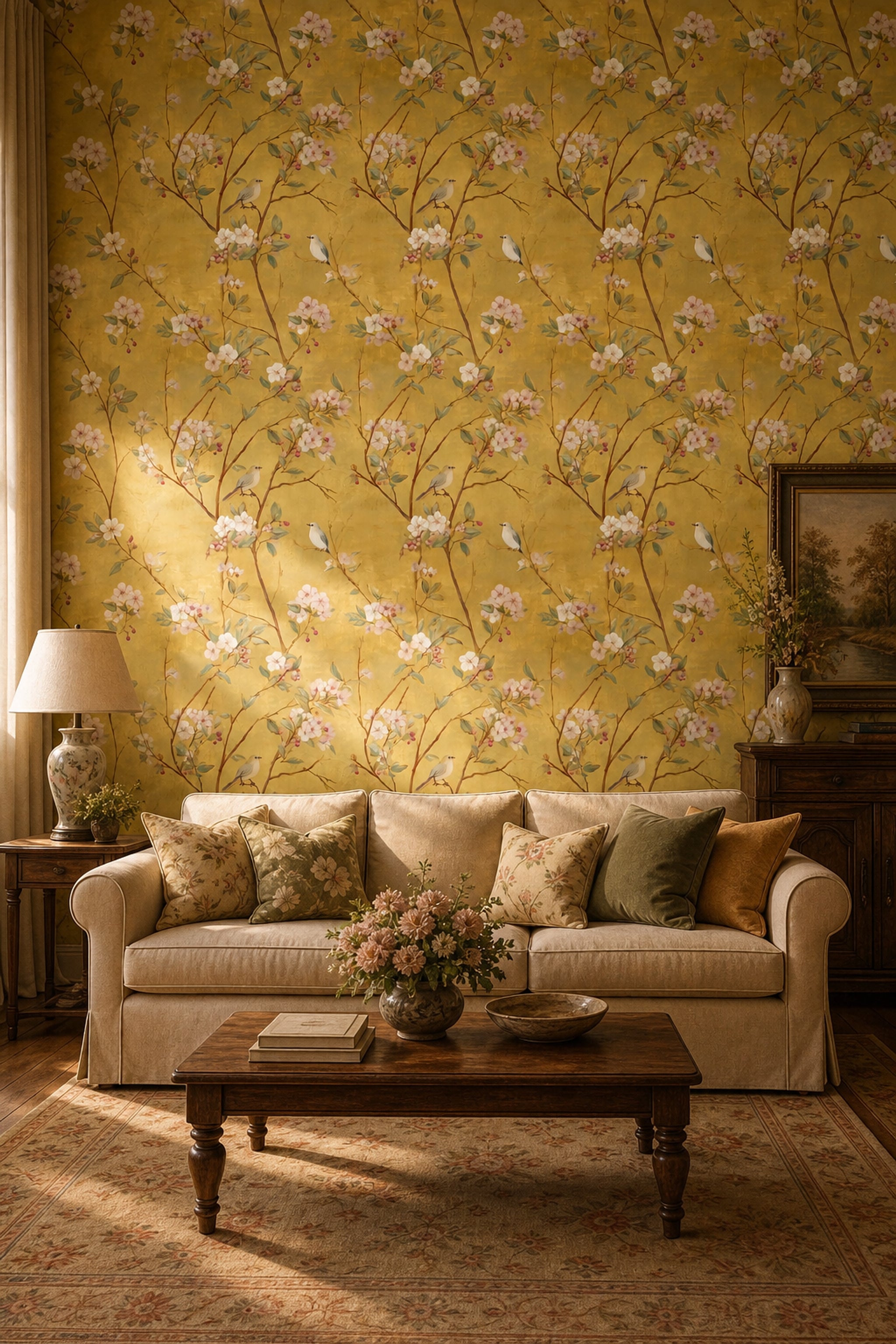Floral Branches Wallpaper Cherry Blossom Songbirds Decorative Mural
