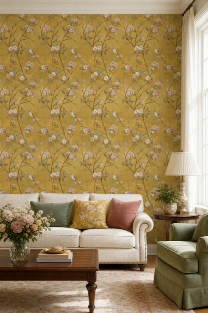 Floral Branches Wallpaper Cherry Blossom Songbirds Decorative Mural
