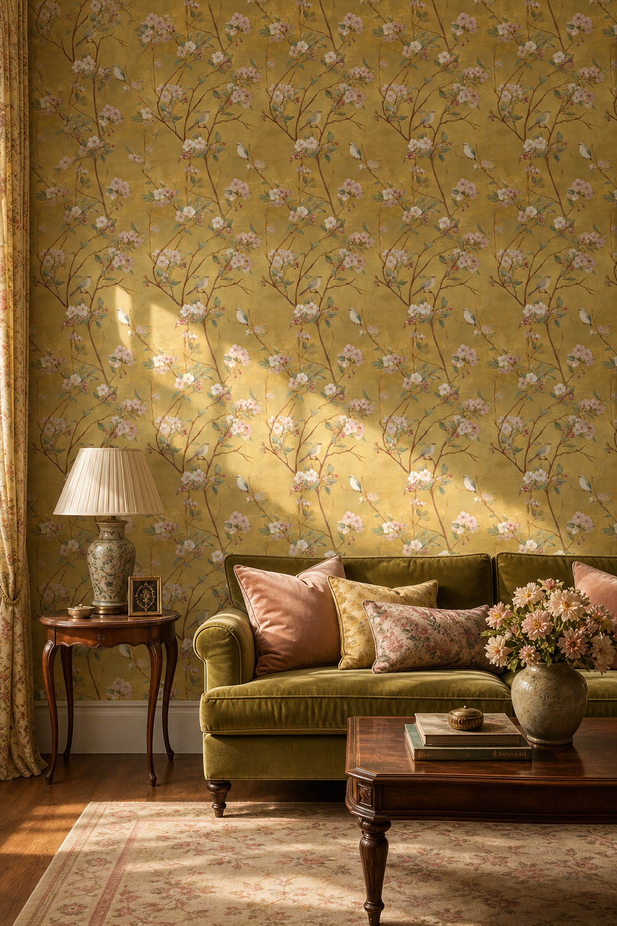 Floral Branches Wallpaper Cherry Blossom Songbirds Decorative Mural