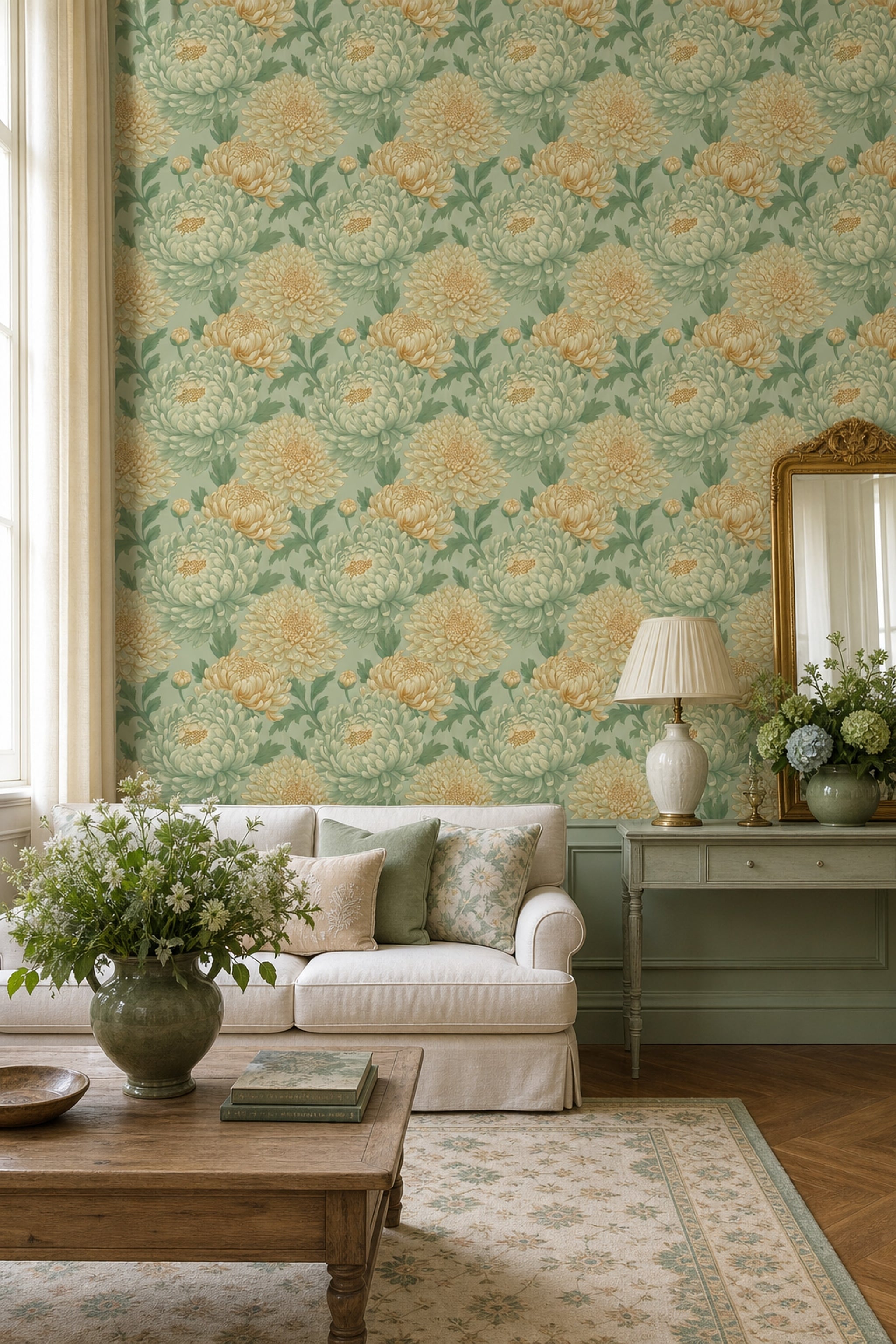 Floral Wallpaper Chrysanthemum Blooms Removable Botanical Illustration Wall Double Roll