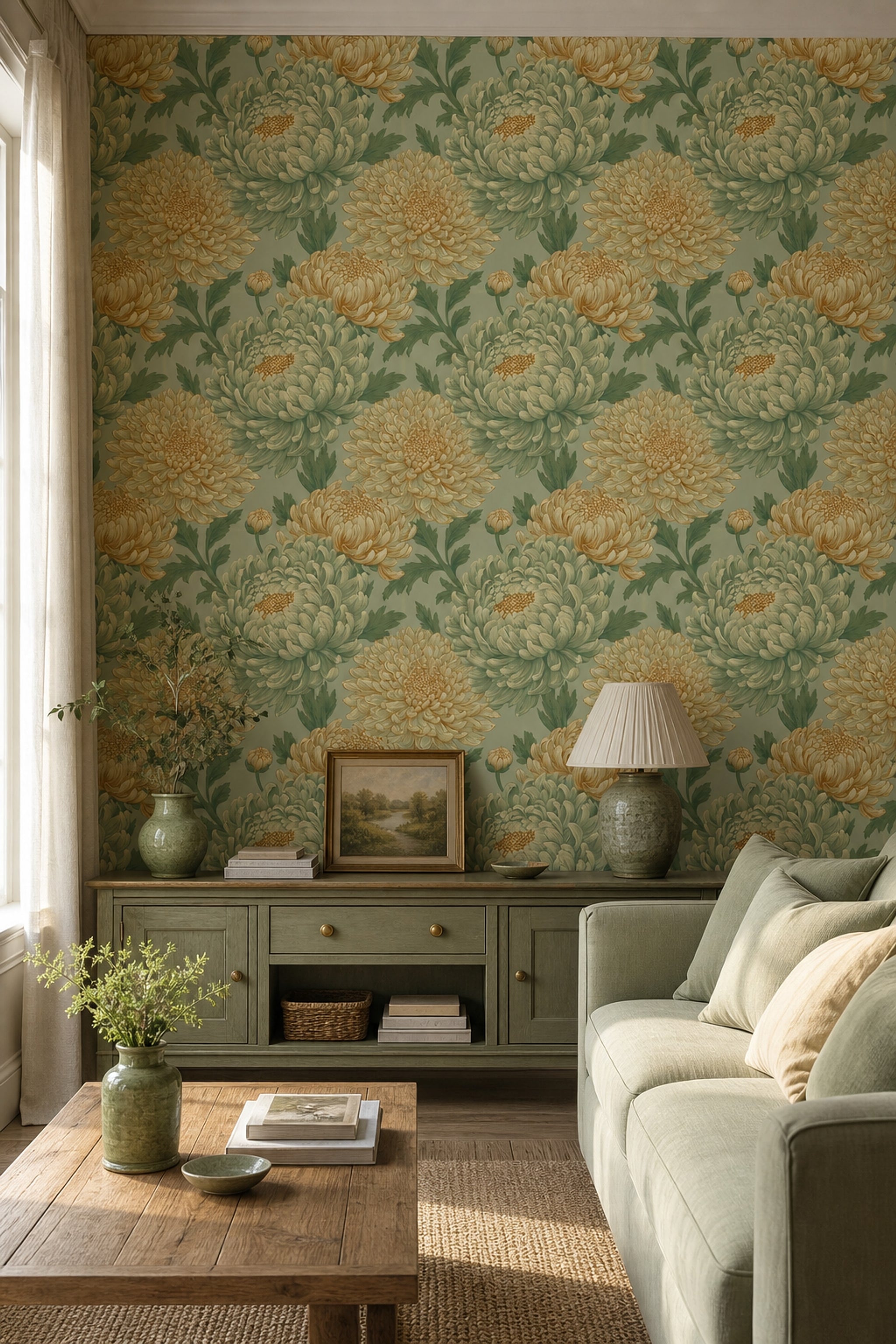 Floral Wallpaper Chrysanthemum Blooms Removable Botanical Illustration Wall Double Roll