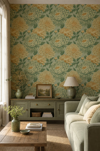 Floral Wallpaper Chrysanthemum Blooms Removable Botanical Illustration Wall Double Roll