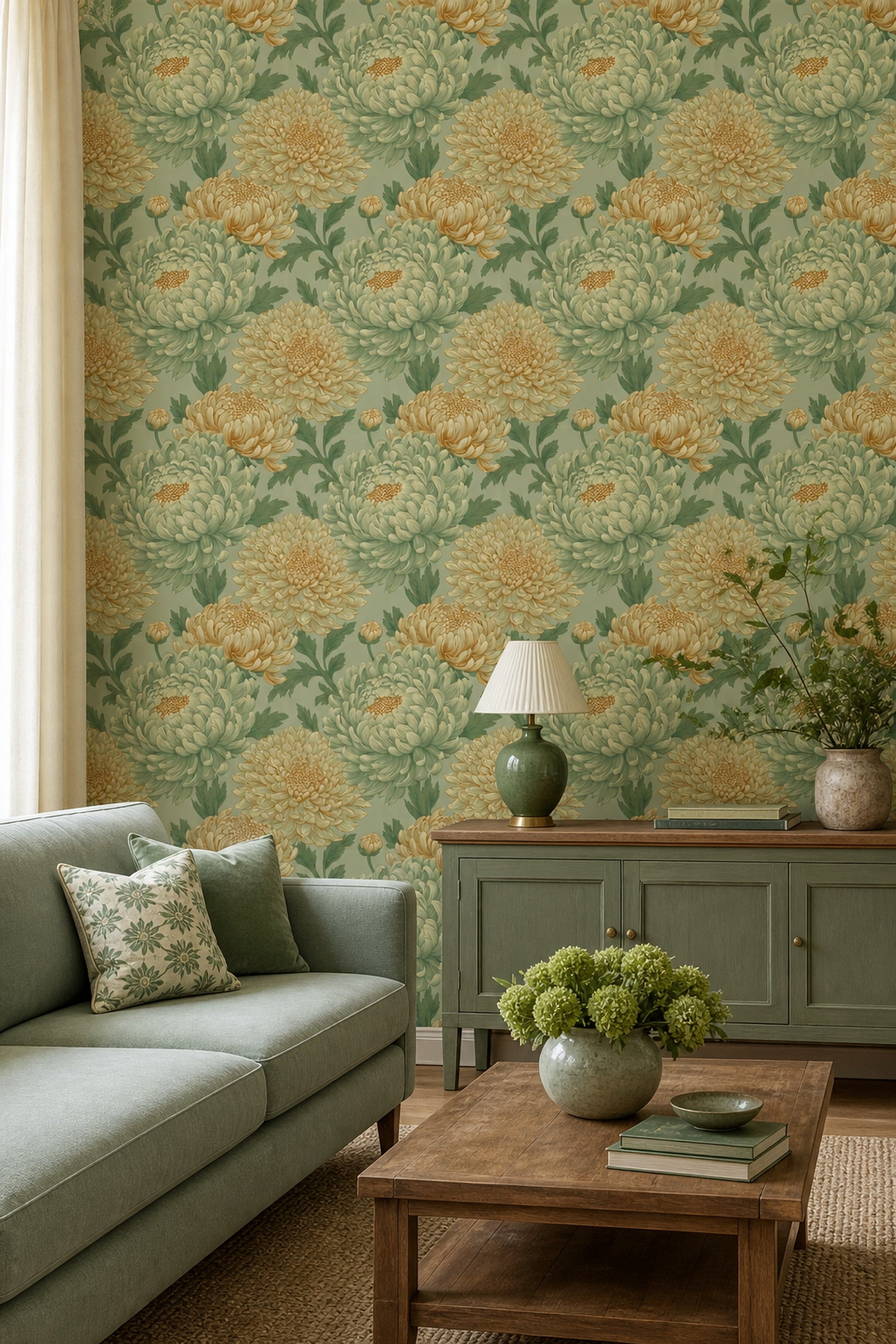 Floral Wallpaper Chrysanthemum Blooms Removable Botanical Illustration Wall Double Roll