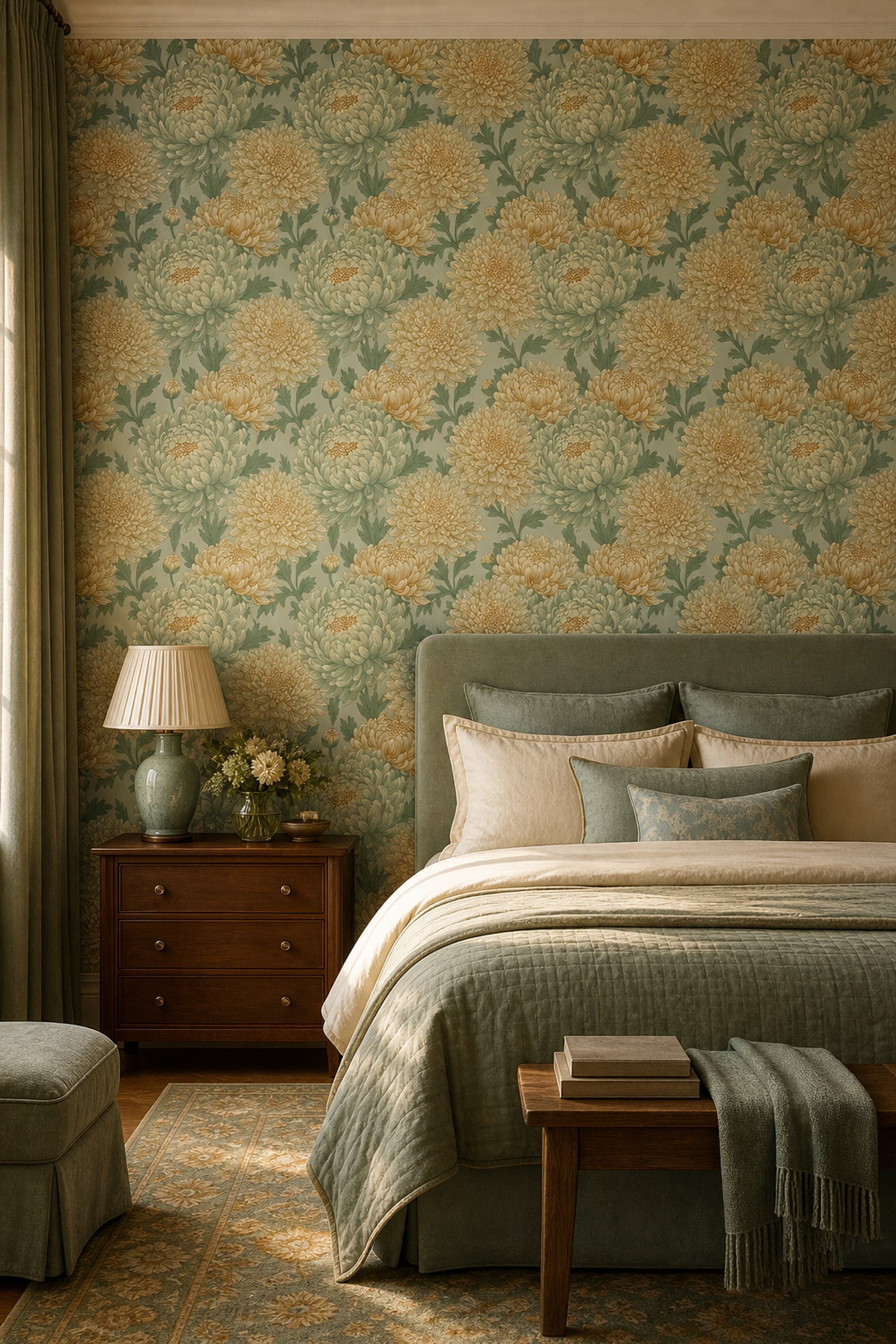 Floral Wallpaper Chrysanthemum Blooms Removable Botanical Illustration Wall Double Roll