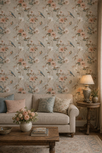 Muted Green Wallpaper Sage Bird Decorative Mural