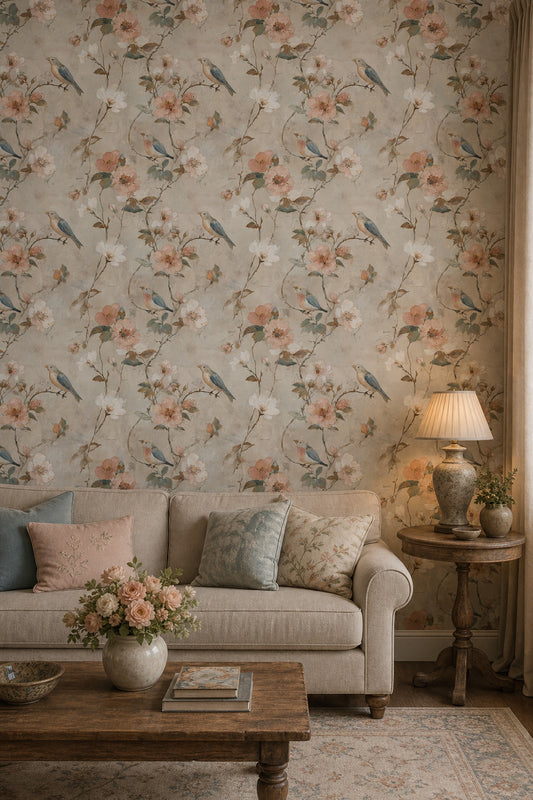 Muted Green Wallpaper Sage Bird Decorative Mural
