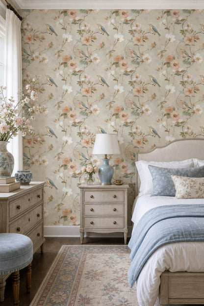 Muted Green Wallpaper Sage Bird Decorative Mural