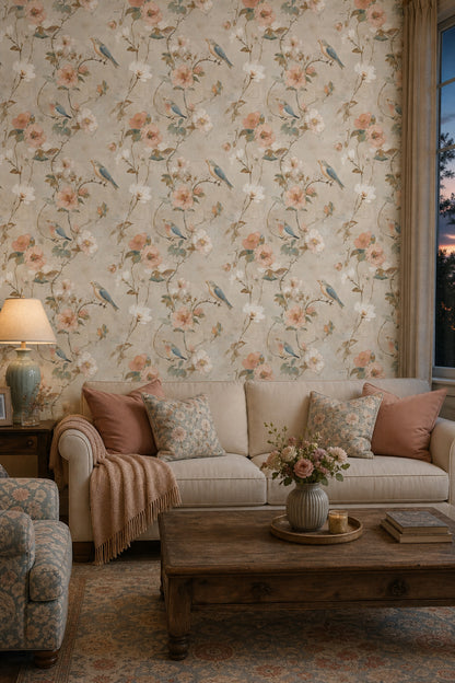 Muted Green Wallpaper Sage Bird Decorative Mural