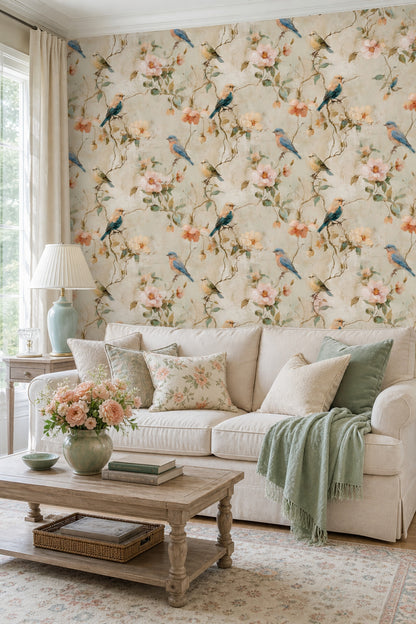 Birds Wallpaper Floral Removable Botanical Branches Wall Double Roll