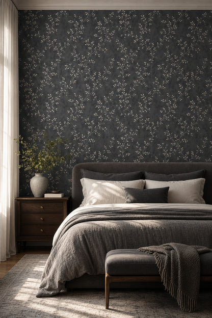 Botanical Vines Wallpaper Charcoal Gray Moody Elegant Decorative Mural