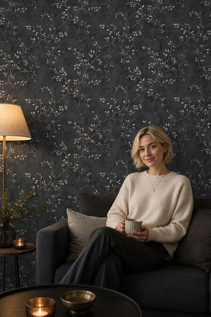 Botanical Vines Wallpaper Charcoal Gray Moody Elegant Decorative Mural