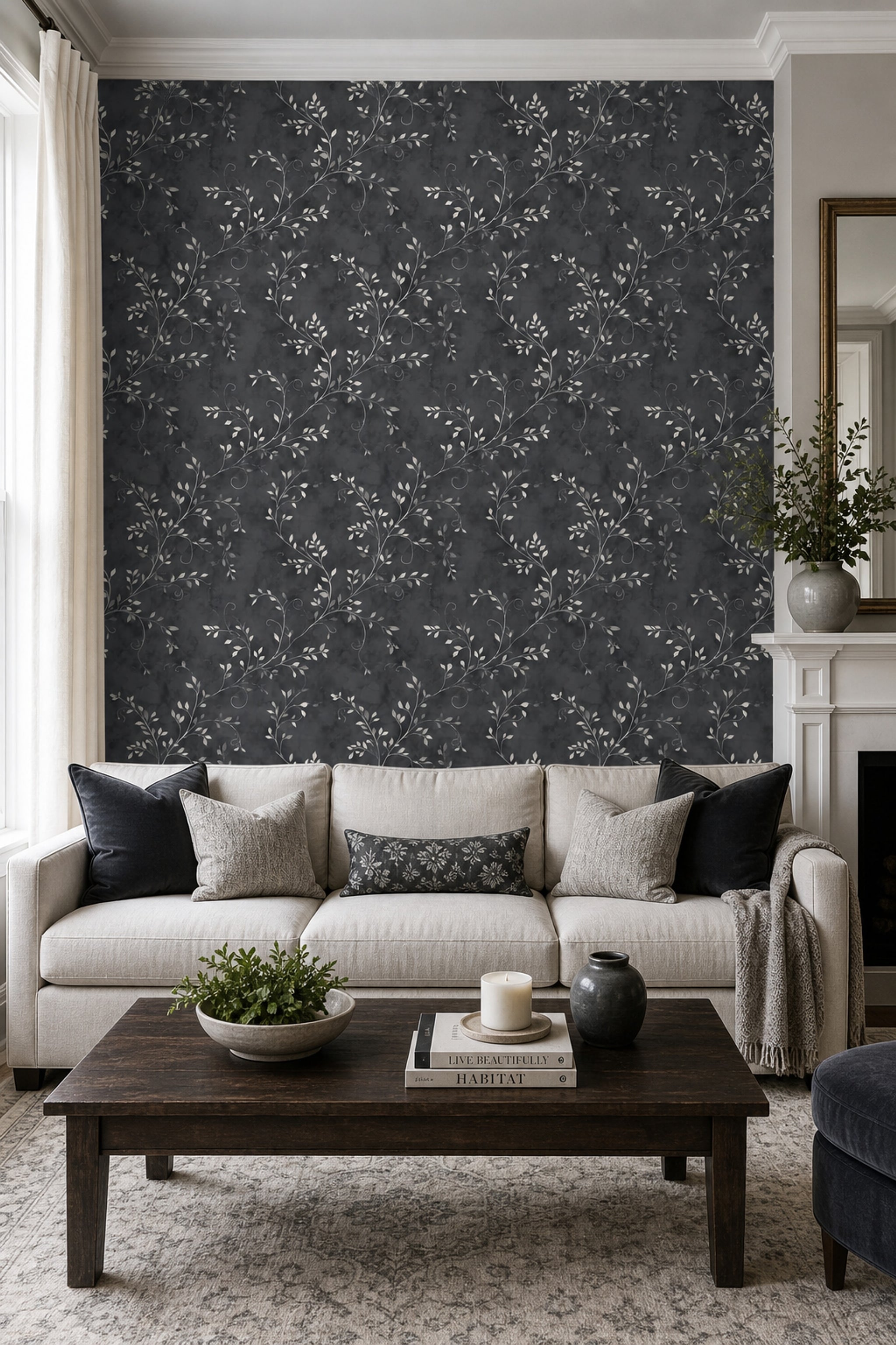 Botanical Vines Wallpaper Charcoal Gray Moody Elegant Decorative Mural