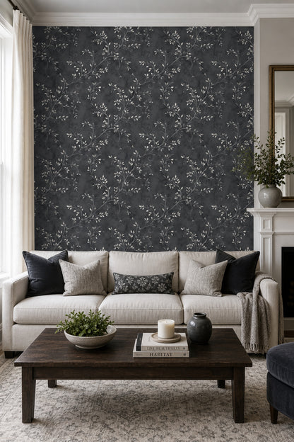 Botanical Vines Wallpaper Charcoal Gray Moody Elegant Decorative Mural