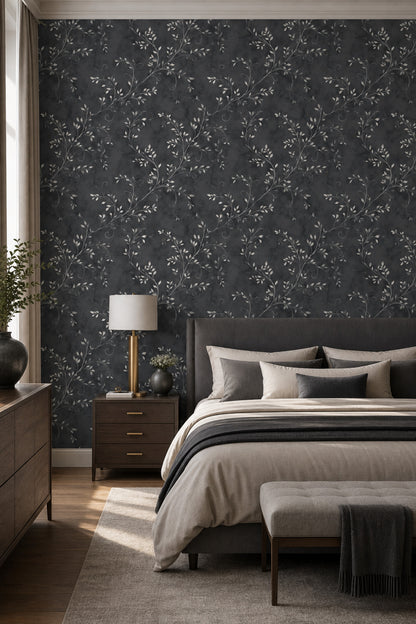 Botanical Vines Wallpaper Charcoal Gray Moody Elegant Decorative Mural