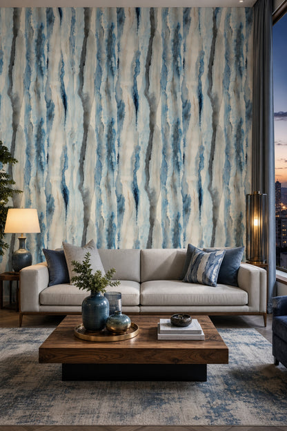 Abstract Watercolor Wallpaper Blue Vertical Stripes Ink Wash Removable Wall Decor