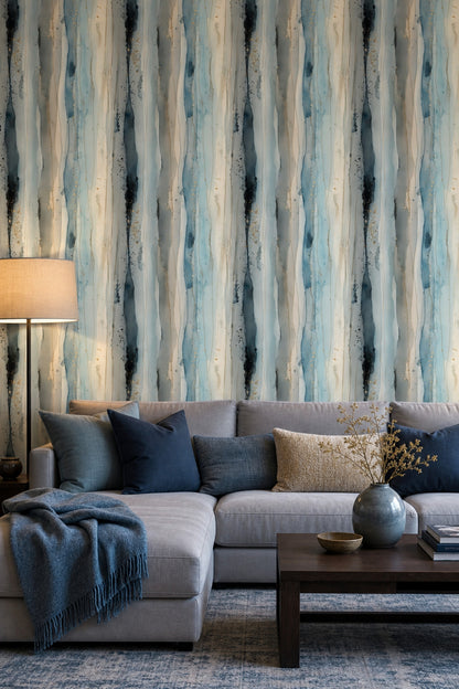 Abstract Watercolor Wallpaper Vertical Stripes Gold Accents Decorative Mural